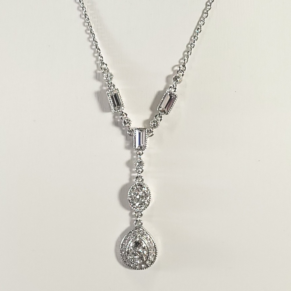 Givenchy Rhinestone Y-Necklace Silver Pear Baguette Crystal Drop‎ Lariat Jewelry